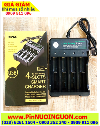BMAX BH-042100-04U _Máy sạc Pin Lithium BMAX BH-042100-04U 4 Rảnh cổng sạc USB (sạc Pin 14500, 18350, 18650, 18500, CR123A,...) chính hãng 